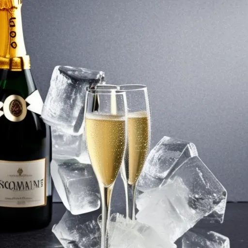 

A bottle of champagne with a bow around it, sitting on a bed of ice, with two champagne flutes nearby.