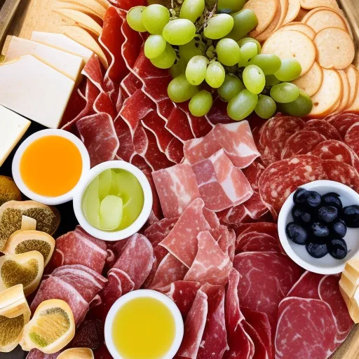 

A photo of a charcuterie board filled with a variety of cured meats, cheeses, and fruits, accompanied by a selection of red and white wines.