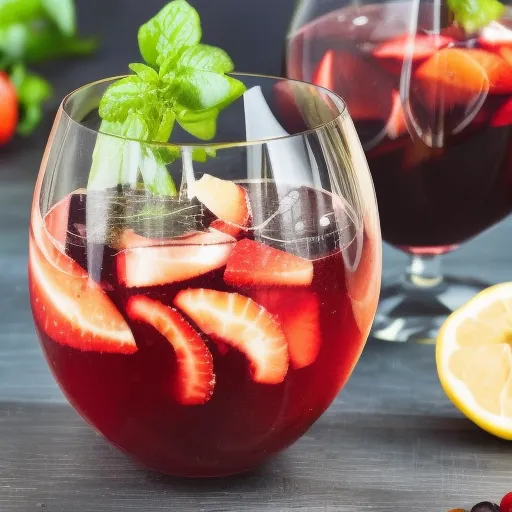 

A glass of red wine with fresh fruit and herbs, topped with sparkling water, creating a refreshing and flavorful sangria.