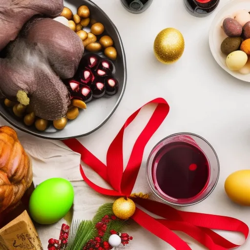 

A bottle of red wine with a festive ribbon, surrounded by a selection of Easter and Thanksgiving themed foods.
