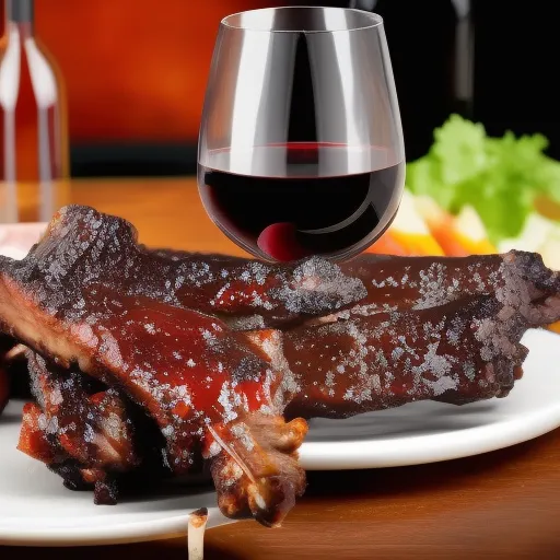 

A glass of red wine with a plate of BBQ ribs and vegetables, showing the perfect pairing of wine and food.
