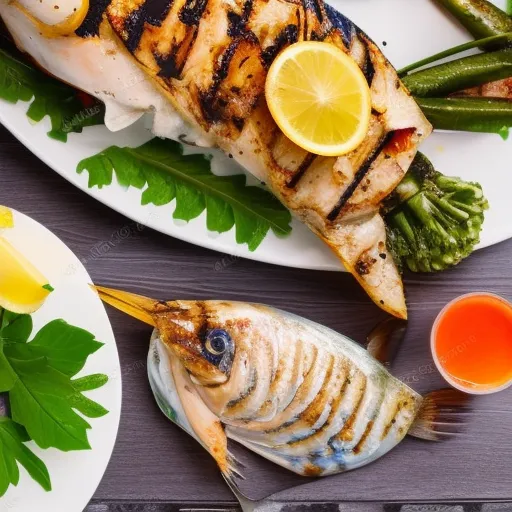 

A glass of white wine with a plate of grilled fish and vegetables, showing the perfect pairing for a delicious seafood meal.