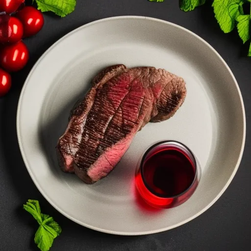 

A glass of red wine with a juicy steak on a plate, ready to be enjoyed.