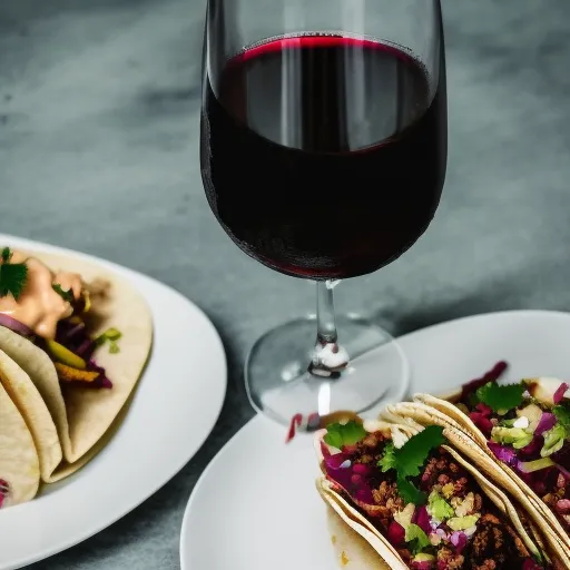 

A close-up of a glass of red wine with a plate of tacos in the background, suggesting the perfect pairing for a Mexican-inspired meal.