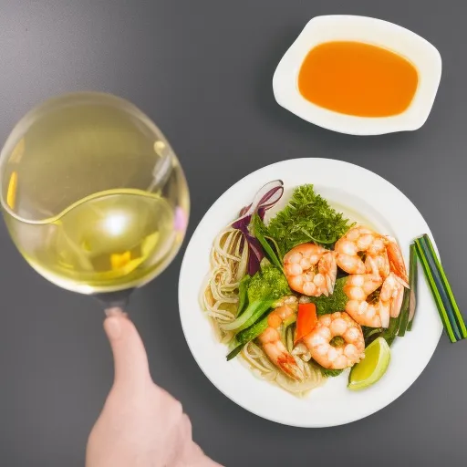 

A photo of a glass of white wine and a plate of Thai food, including noodles, vegetables, and shrimp.