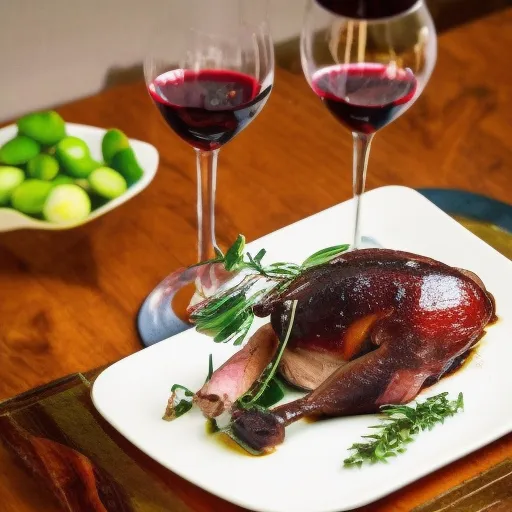 

A photo of a glass of red wine with a roasted duck on a plate beside it, with a selection of fresh herbs and vegetables.