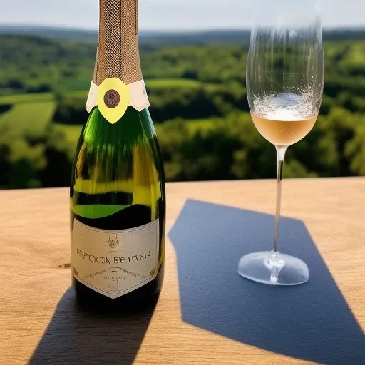 

A picture of a bottle of champagne with two glasses, one filled and one empty, with a backdrop of the French countryside.