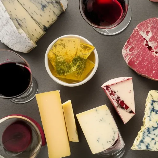 

An illustration of a variety of different wines and cheeses, with a glass of wine in the center, to demonstrate the different types of pairings available.
