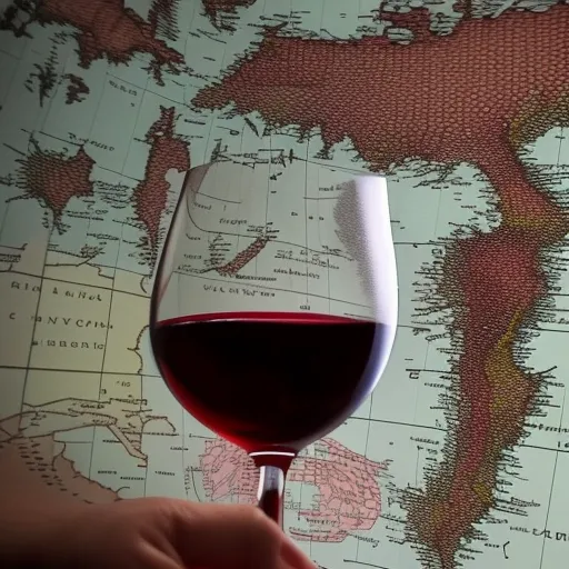 

A picture of a glass of red wine with a detailed map of the world's wine regions in the background.