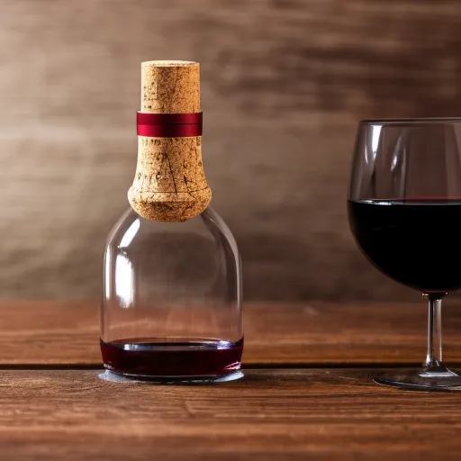 

A large, clear glass bottle of red wine, with a cork stopper, sitting on a wooden table.