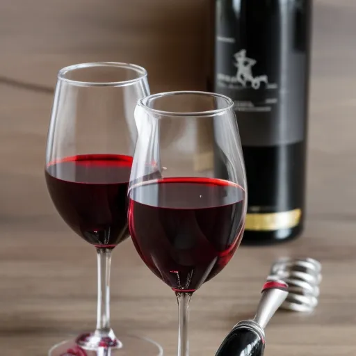 

A glass of deep red Merlot wine, with a bottle and corkscrew in the background.