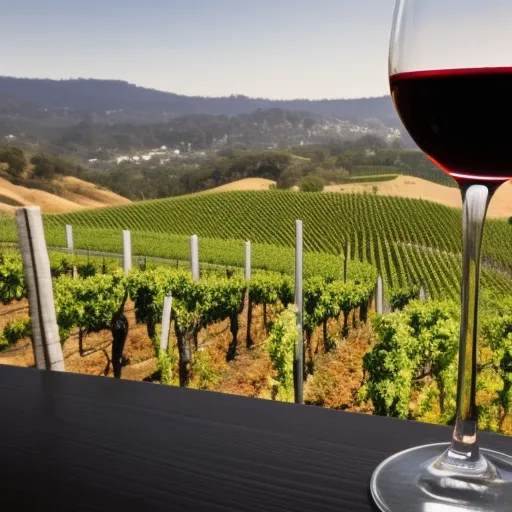 

A close-up of a glass of deep red California Cabernet Sauvignon wine, with a backdrop of rolling hills and vineyards.