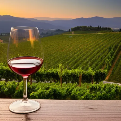 

A picture of a glass of red wine with a backdrop of rolling hills and vineyards in the Veneto region of Italy.