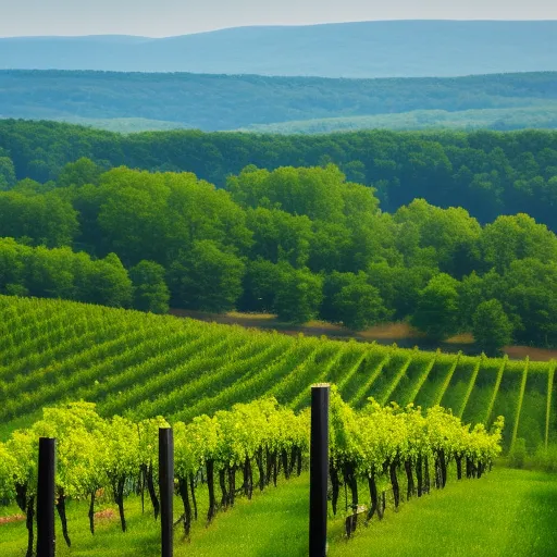 

A picture of a vineyard in the Finger Lakes region of New York, with rolling hills and lush green foliage in the background.