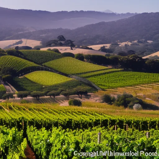 

A picture of a lush vineyard in the rolling hills of Monterey County and Napa Valley, with a glass of red wine in the foreground.