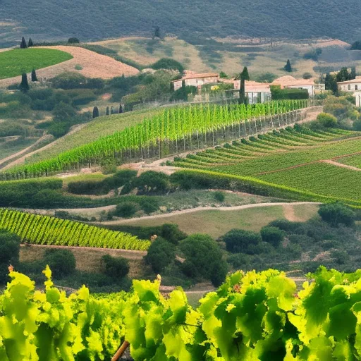 

A picture of a vineyard in Sicily, with rolling hills and lush green vines, against a backdrop of the Mediterranean Sea.