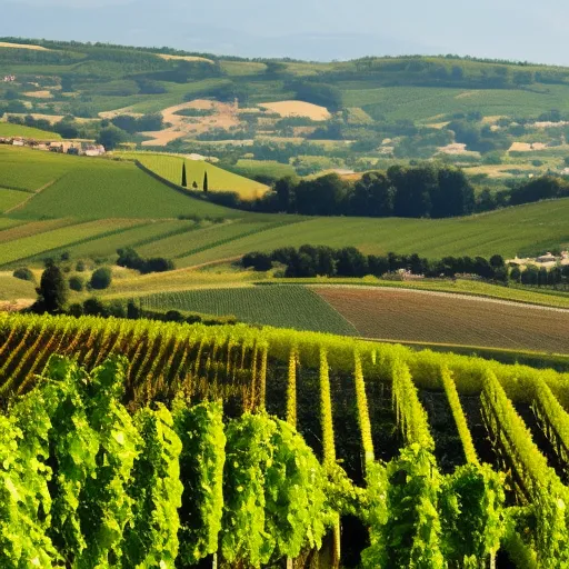

A picture of a vineyard in the Rhone Valley, with rolling hills and lush green vines stretching out into the horizon.
