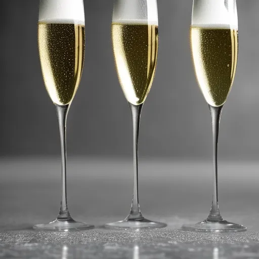 

A close-up of a champagne bottle with three glasses of different levels of champagne, from lightest to darkest.