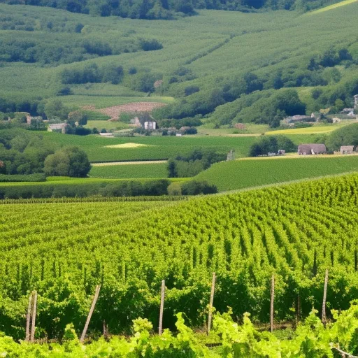 

A photo of a vineyard in the French countryside, with lush green vines and a beautiful blue sky above.