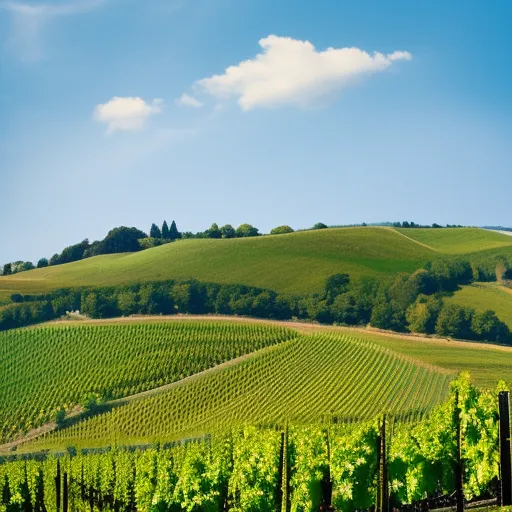 

A picture of a vineyard in Germany, with rolling hills and lush green vines, against a backdrop of a bright blue sky.