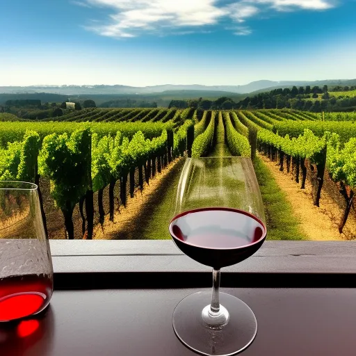 

A picture of a glass of red wine with a backdrop of a vineyard in the French countryside.