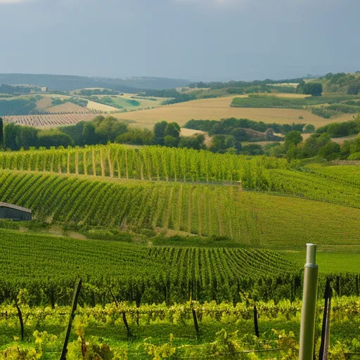 

A picture of a vineyard in the French countryside, with rolling hills and lush green vines.
