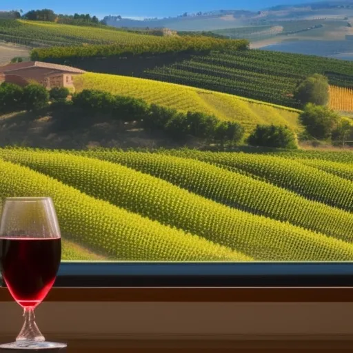 

A picture of a glass of red wine with a backdrop of rolling hills in the Rioja region of Spain, highlighting the region's renowned winemaking tradition.