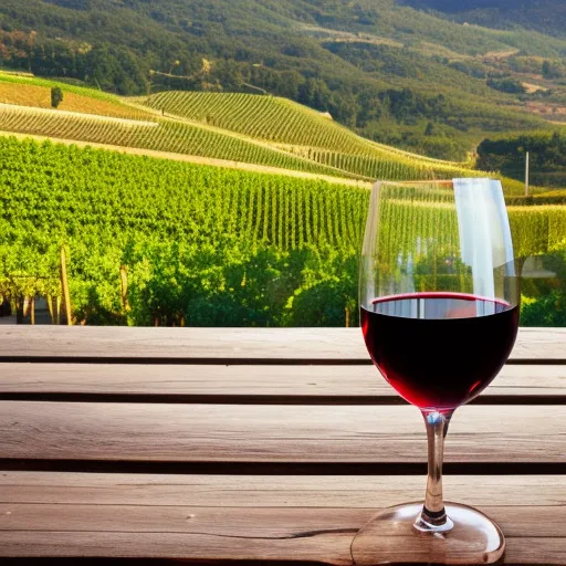 

A picture of a glass of red wine with a backdrop of rolling hills and vineyards in the Spanish countryside.