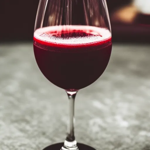 

A close-up of a wine glass filled with a deep red liquid, with a swirl of white foam on the surface.