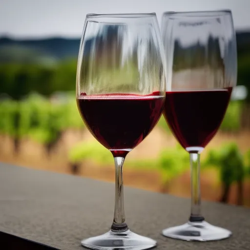 

A close-up of a glass of red wine with a swirl of the liquid and a few drops on the side of the glass, with a background of a vineyard.