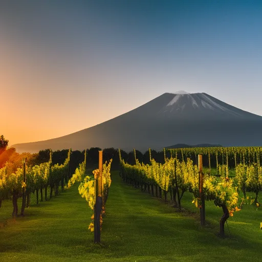 

A photo of a vineyard in the shadow of a volcano, with the sun setting in the background.