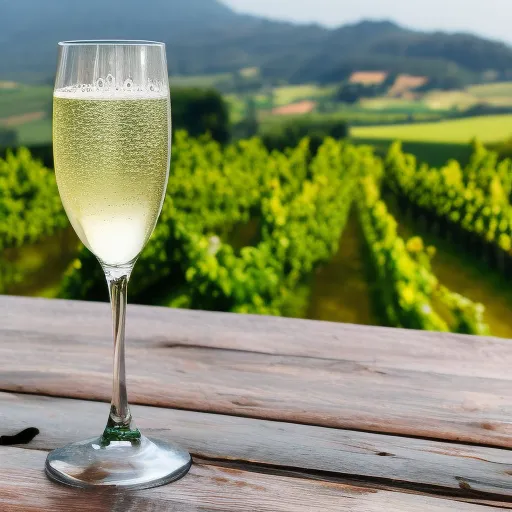

A picture of a glass of sparkling white wine with a backdrop of rolling hills and vineyards.