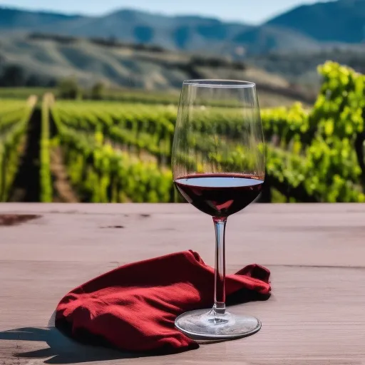 

A glass of deep red Cabernet Sauvignon wine with a backdrop of rolling hills and vineyards.