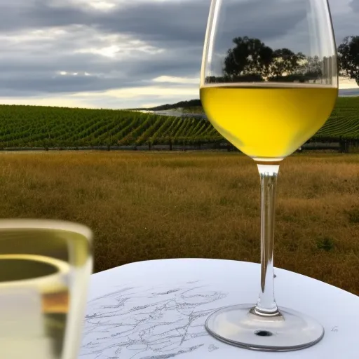 

A picture of a glass of golden-colored Chenin Blanc wine, with a vineyard in the background.