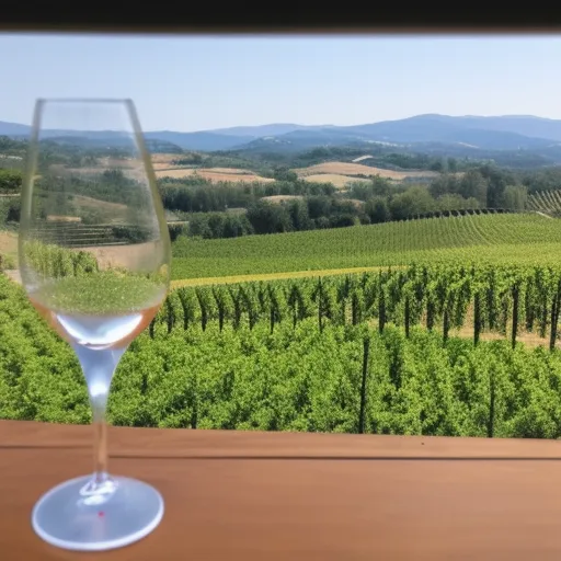 

A photo of a glass of Chianti Classico wine with a view of the Tuscan countryside in the background.