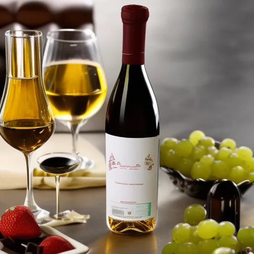 

A bottle of golden-colored dessert wine with a glass of the same wine beside it, surrounded by fresh grapes and a bowl of chocolate-covered strawberries.