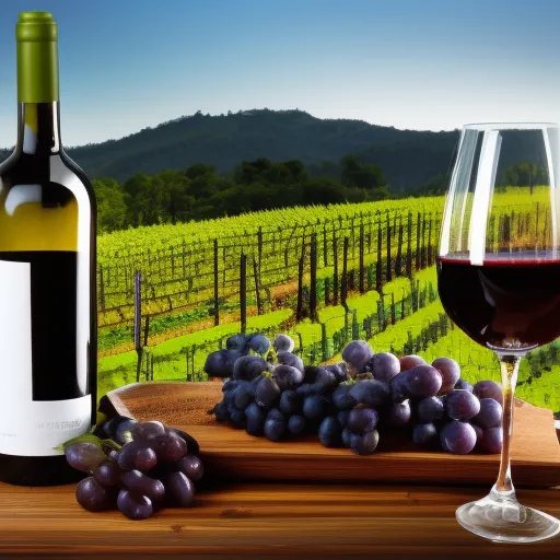 

A glass of deep red Malbec wine surrounded by a variety of grapes, set against a backdrop of rolling hills and vineyards.