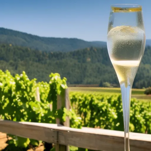 

A picture of a glass of sparkling white wine with a view of a vineyard in the background, highlighting the beauty of Oregon's wine country.