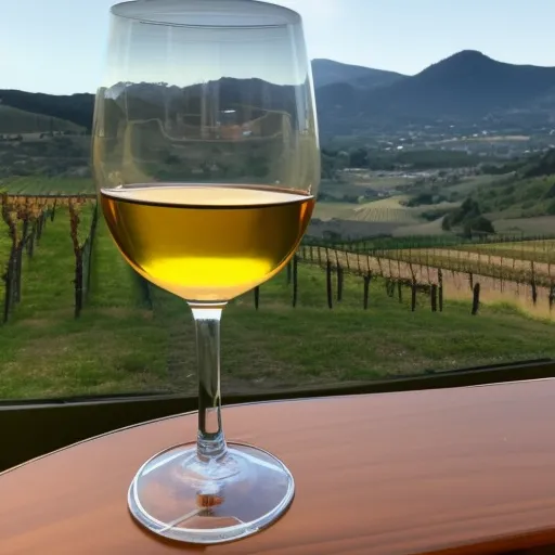 

A glass of golden-hued Pinot Grigio wine, with a backdrop of rolling hills and vineyards.