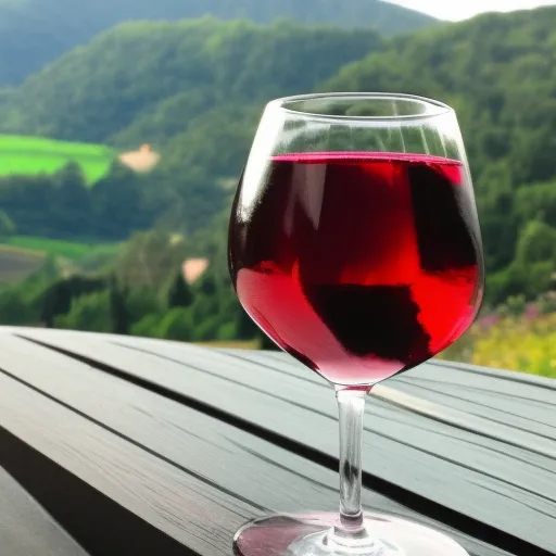 

A glass of deep red Pinot Noir wine, with a backdrop of lush green vineyards.