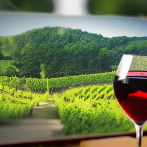 

A close-up of a glass of red wine with a bottle of red wine in the background, surrounded by a lush green vineyard.