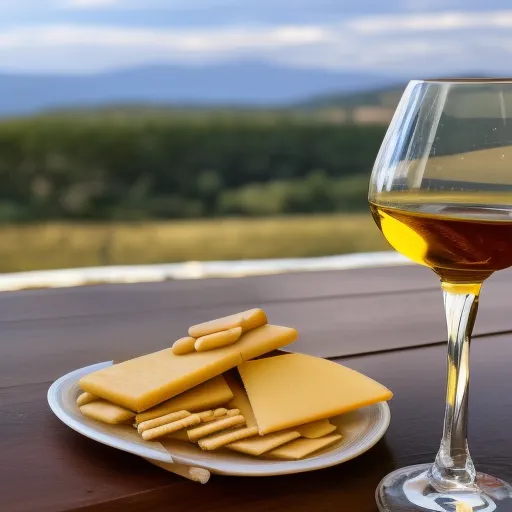 

A picture of a glass of golden-colored sherry wine with a plate of cheese and crackers, surrounded by a vineyard in the background.