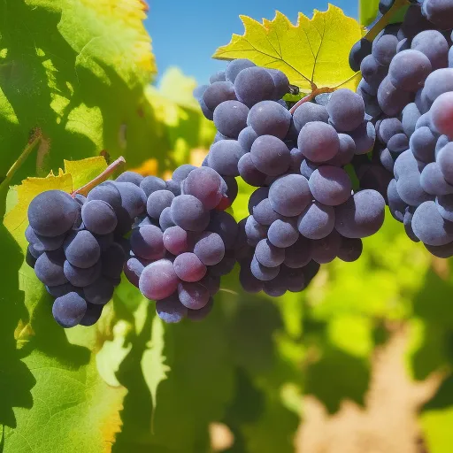 

A close-up of a bunch of ripe, purple grapes growing on a vine in a vineyard, with a rolling hillside in the background.