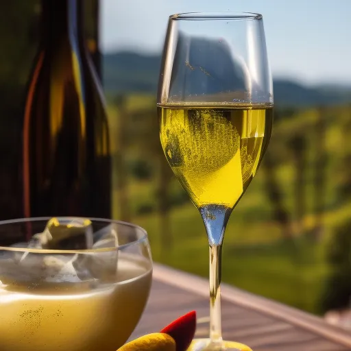 

A close-up of a glass of golden-hued Chardonnay wine, with a backdrop of lush green vineyards.