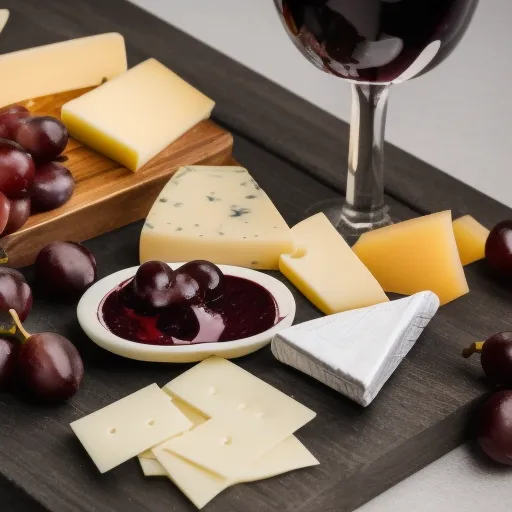 

A close-up of a bottle of red wine with a glass next to it, surrounded by grapes and a cheese plate.