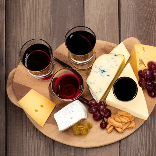 

A photo of a selection of cheeses and wines, arranged on a wooden board with a glass of red wine in the foreground.