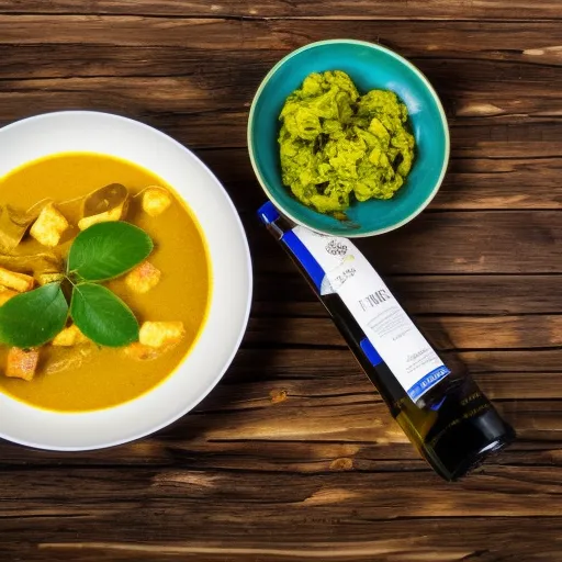 

A bottle of white wine and a bowl of aromatic curry, set against a rustic wooden background, suggesting the perfect pairing for a delicious meal.
