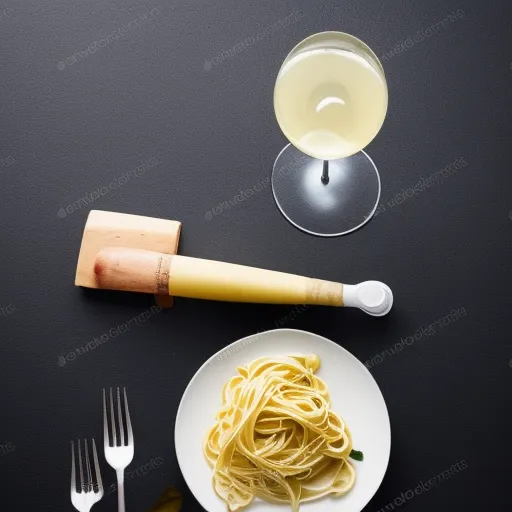 

A bottle of white wine and a plate of carbonara pasta, with a glass of white wine and a fork, set against a dark background.