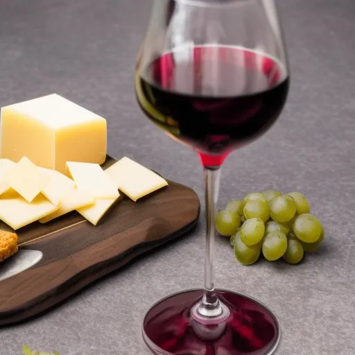 

A close-up of a glass of red wine with a bottle of white wine in the background, surrounded by grapes and a cheese platter.