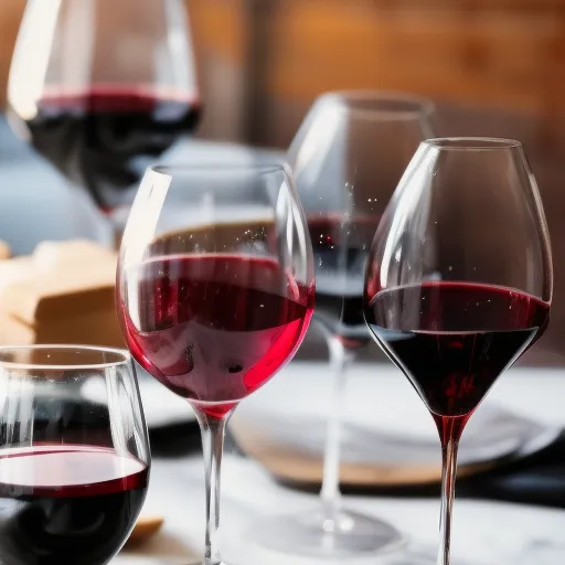 

A close-up of a glass of red wine with a bottle of wine in the background, surrounded by a selection of wine glasses.